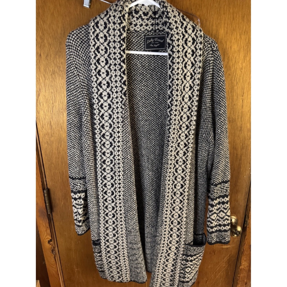 Lucky Brand Women 2X Black White Geometric Knit Open Front Longline Cardigan